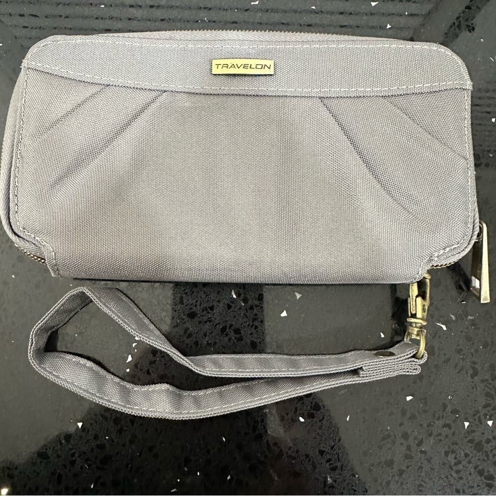 Travelon Gray RFID Blocking Zip Around Wristlet Wallet Purple Interior